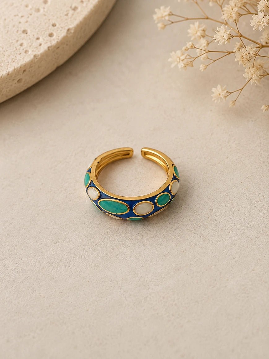 Ocean Pebble Ring – Blue Enamel Statement Ring in 18K Gold Plated Stainless Steel - Zoene Jewels