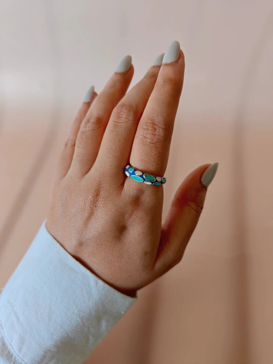Ocean Pebble Ring – Blue Enamel Statement Ring in 18K Gold Plated Stainless Steel - Zoene Jewels