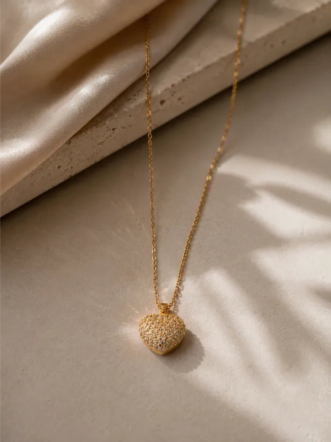 Pavé Heart Necklace – Dainty Crystal Heart Pendant Necklace in Gold - Zoene Jewels