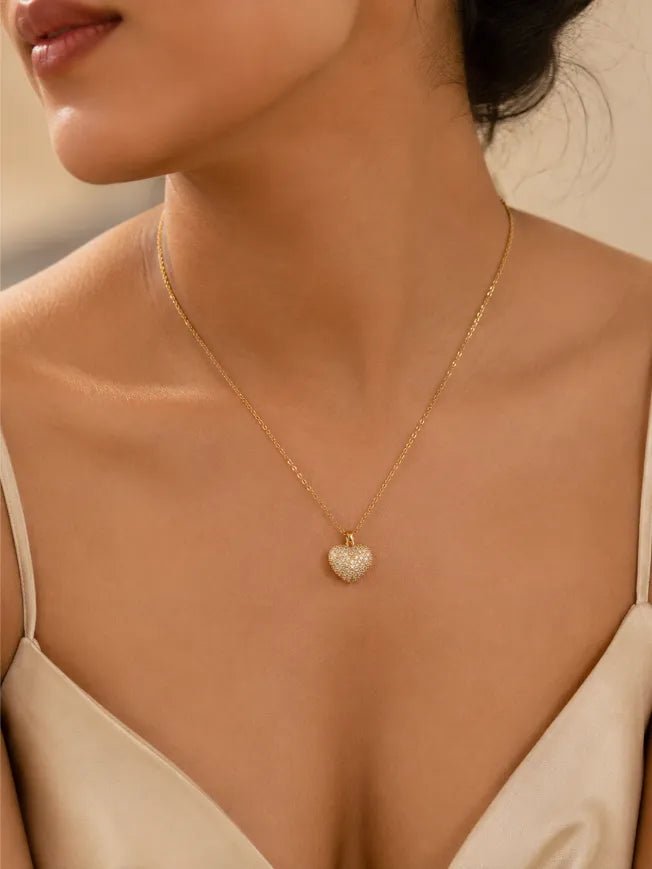 Pavé Heart Necklace – Dainty Crystal Heart Pendant Necklace in Gold - Zoene Jewels