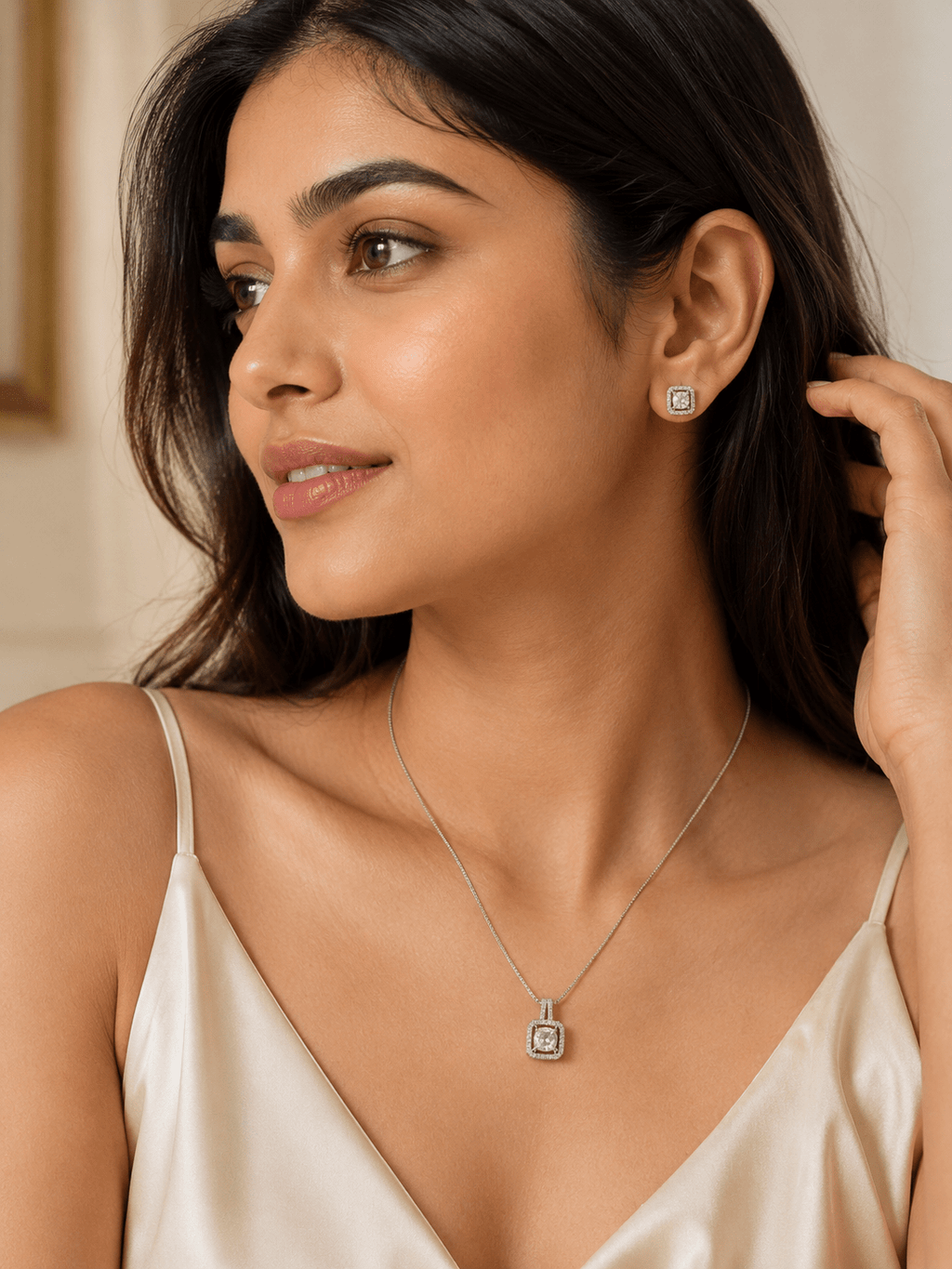 Rhodium Plated Halo Zircon Necklace & Stud Earrings Set for Women | Elegant Silver-Tone Jewellery Set - Zoene Jewels