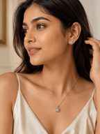 Rhodium Plated Halo Zircon Necklace & Stud Earrings Set for Women | Elegant Silver-Tone Jewellery Set - Zoene Jewels