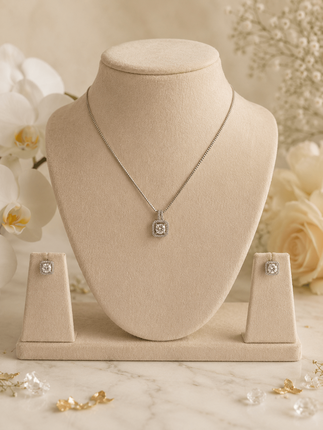 Rhodium Plated Halo Zircon Necklace & Stud Earrings Set for Women | Elegant Silver-Tone Jewellery Set - Zoene Jewels