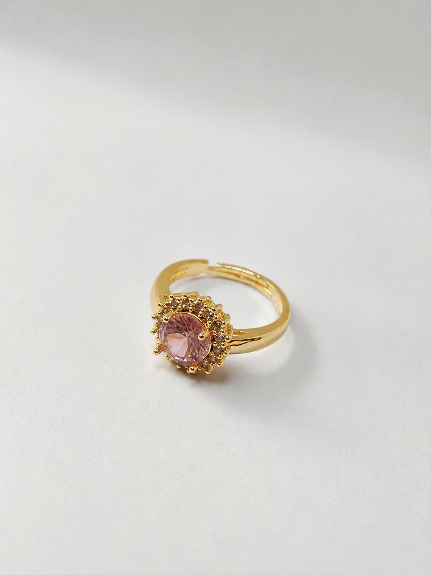 Blush Radiance Halo Zircon Ring – Pink Crystal Statement Ring in 18K Gold Plated Stainless Steel