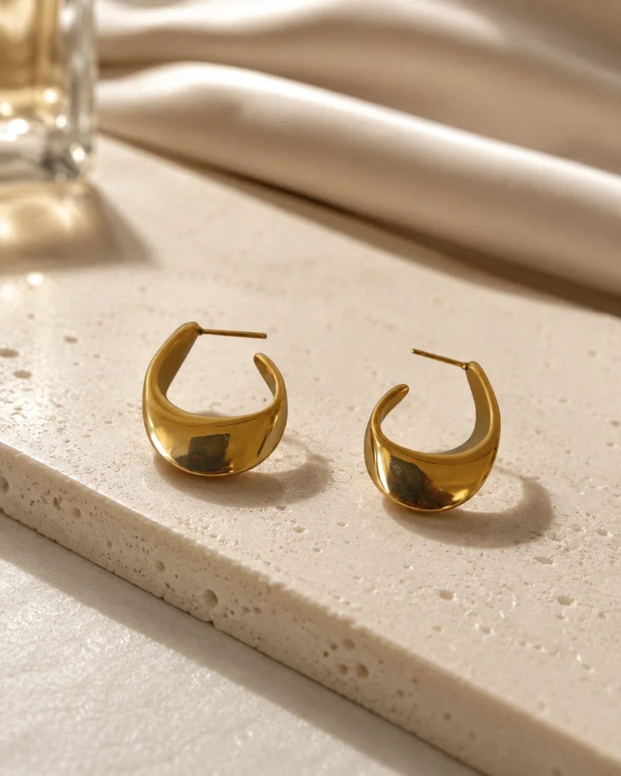Ripple Hoop Earrings- Vintage C-Shape 18K Gold Plated Ear Studs - Zoene Jewels