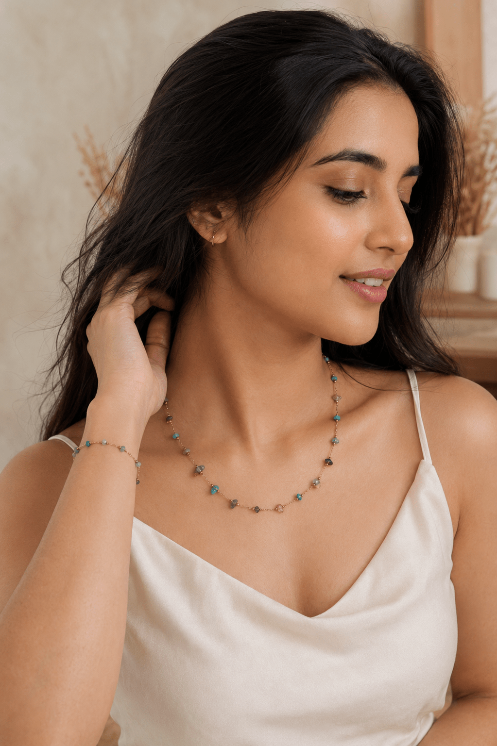 Serene Gem Trail Natural Stone Necklace & Bracelet Set – Gold-Tone Multicolor Beaded Jewellery Set for Women - Zoene Jewels