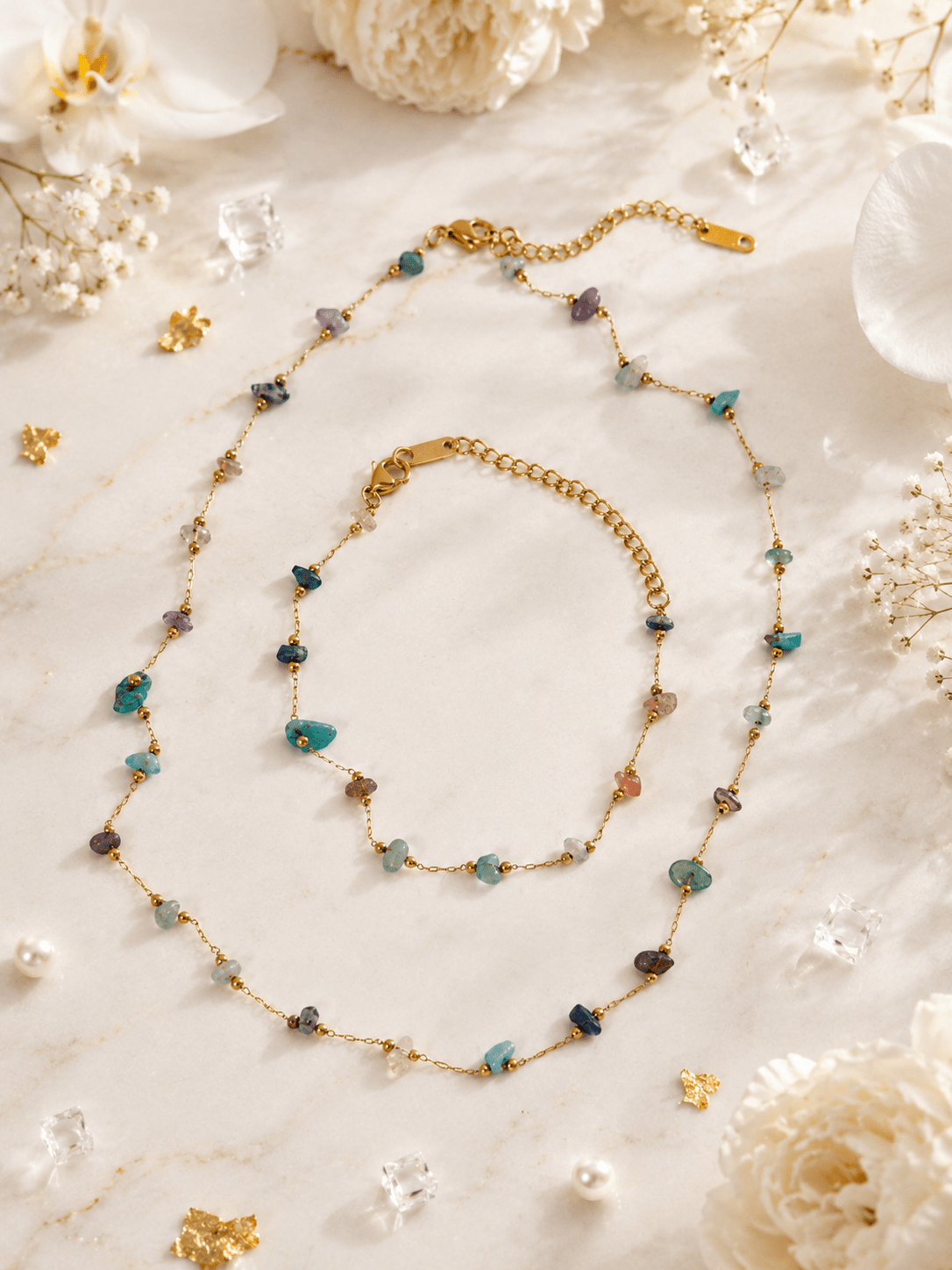 Serene Gem Trail Natural Stone Necklace & Bracelet Set – Gold-Tone Multicolor Beaded Jewellery Set for Women - Zoene Jewels